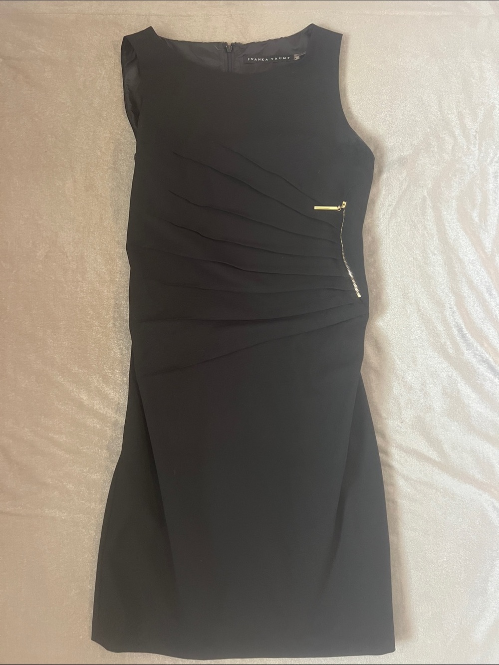 Ivanka Trump Black Sleeveless Sheath Dress with Gold Zip Accent